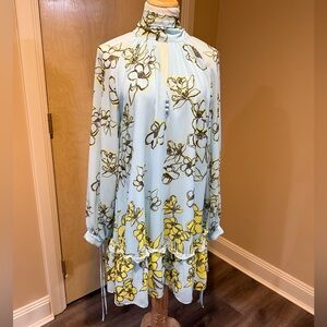 Badgley Mischka Long Sleeve Floral Dress in Light Blue and Yellow